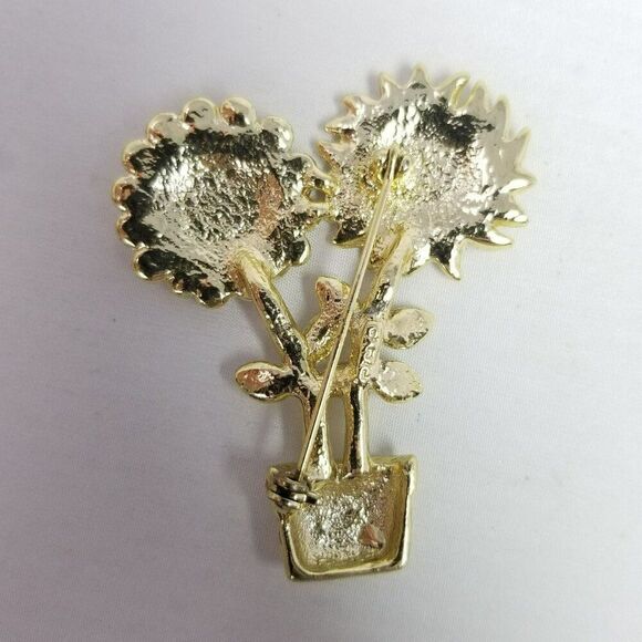 Vintage Flowers with Faces in a Plant Pot Brooch, Gold Tone Lapel Pin, Estate - Picture 3 of 5